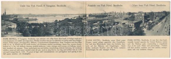 Stockholm, View from Park Hotel, Central Railway station, Lake Mälar, Halsning fran. 2-tiled folding panoramacard