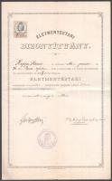 1884 Életmentéstani bizonyítvány, pecséttel, aláírásokkal, 15 kr okmánybélyeggel.