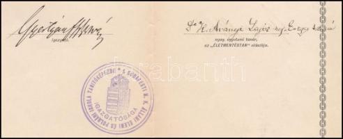 1884 Életmentéstani bizonyítvány, pecséttel, aláírásokkal, 15 kr okmánybélyeggel