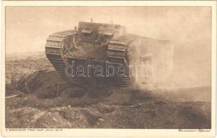 A broadside from our land ship, Canadian official / WWI British military, tank