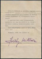 1936 Horthy Miklósné segélyakciójának felhívása nyomtatott aláírással 15x20 cm