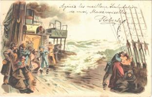 1899 (Vorläufer) Hajófedélzet nagy hullámokban / Steamship deck in big waves. Louis Glaser 1067. litho (EK)