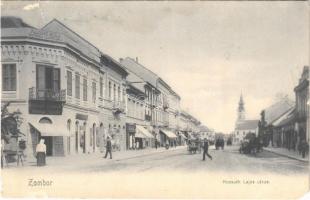 1909 Zombor, Sombor; Kossuth Lajos utca, Falcione Gyula ösztöndíj alapítvány, Falcione Gusztáv üzlete, Goldfahn Sándor / street, shops (Rb)