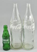 2 db 1L-es Coca Cola üveg + 1 db 0,2L-es Traubisoda üveg, kis kopásnyomokkal, m: 19 és 34 cm