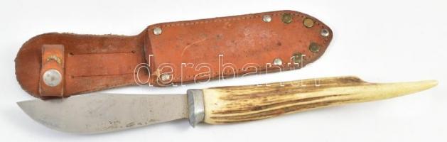 Milkov cseh vadászkés Lovu Zdar - Jó szerencsét véséssel agancs nyéllel, bőr tokkal / . Hunting knife 33 cm