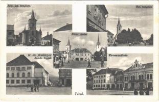 Técső, Tiacevo, Tiachiv, Tyachiv; Római katolikus templom, Református templom, M. kir. Járásbíróság, Román hegyek, katonák, Korona szálloda, üzletek / churches, district court, Romanian mountains, Hungarian soldiers, hotel, shops (EK)
