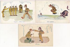 3 db RÉGI második világháborús magyar katonai  / 3 pre-1945 WWII Hungarian military humour motive postcards : második világháborús