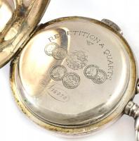 Negyedütős zsebóra szerkezet ezüst tokban. Nem működik, számlap, mutató, plexi lejár. Repetition á q...