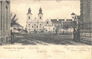 1902 Kiscell, Celldömölk; Templom tér. Radó J. kiadása + BUDAPEST - GRAZ 302 B vasúti mozgóposta bélyegző (EK)