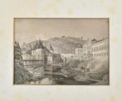 Ludwig Rohbock (1820-1883): Császárfürdő Budán. Acélmetszet, paszpartuban, Magyar Nemzeti Galéria kiviteli engedély pecséttel, 16,5x12 cm