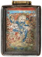 Tibeti szentképes amulett, kissé sérült üvegezett réz keretben, 5,5x4 cm