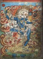 Tibeti szentképes amulett, kissé sérült üvegezett réz keretben, 5,5x4 cm