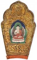 Buddha festett szentkép, aranyozott dombor kerettel, kis sérülésekkel, 17,5x11 cm
