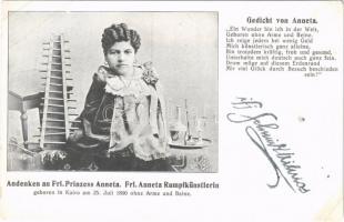 Andenken an Frl. Prinzess Anneta, Frl. Anneta Rumpfkünstlerin geboren in Kairo am 25. Juli 1890 ohne Arme und Beine / Kéz és láb nélküli cirkuszi akrobata / Circus acrobat without arms and legs (EB)