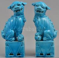 Kínai kék mázas porcelán Pho kutya, 2 db, jelzés nélkül, hibátlanok, m: 16 cm
