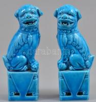 Kínai kék mázas porcelán Pho kutya, 2 db, jelzés nélkül, hibátlanok, m: 11,5 cm