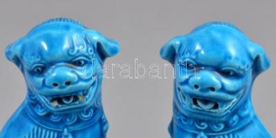 Kínai kék mázas porcelán Pho kutya, 2 db, jelzés nélkül, hibátlanok, m: 11,5 cm