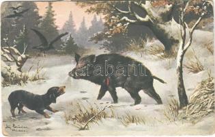 Vadkan és tacskó / Hunting art postcard, wild boar and dachshund dog. R. & L.C. Serie 1331. s: Alf. Schönian (EB)
