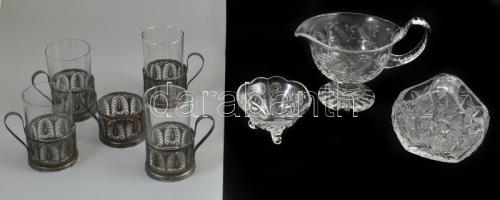 Ólomkristály és üveg tétel: Ólomkristály kínálók, kosarak, orosz fém keretes üveg teás poharak.