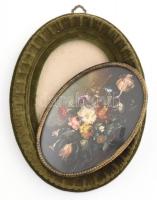 Jelzés nélkül: Virágcsendélet, 3 db. Olaj, fém, üvegezett keretben, egyik kijár a keretből, 15×9,5 c...