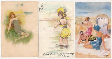 3 db RÉGI finoman erotikus motívum képeslap: strandoló hölgyek / 3 pre-1945 gently erotic motive postcards: ladies on the beach