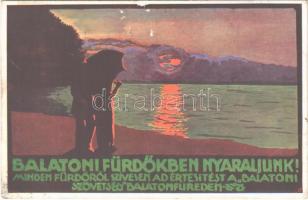 1913 Balaton, Balatoni fürdőkben nyaraljunk! Minden fürdőről szívesen ad értesítést a Balatoni szövetség. Ezért a "Balaton" c. képes folyóirat is jár. Turisztikai reklám (felületi sérülés / surface damage)