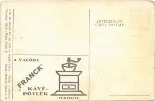 Siófok, kikötő, gőzhajó, evezős csónakok. Hátoldalon "Franck" kávépótlék reklámja (vágott ...