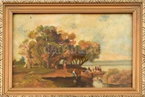 Jelzés nélkül, Mészöly Géza (1844-1887) festménye után: Balatoni halásztanya. Olaj, karton. Üvegezett fa keretben. 16,5x23,5 cm.