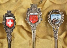 6 db ezüst (Ag) emlékkanál zománc berakással (Schweiz, Luzern, Cortina, Arosa stb.), jelzett, kopott...