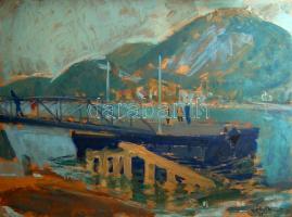 Móritz Sándor (1924-1966): Nagymarosi kikötő; olaj, farost, szignált 60x80 cm (Képcsarnokos címkével)