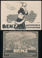 cca 1914 Benz Automobile und Flugmotoren. Benz & C., Mannheim német nyelvű autóreklámok, 2 db, háborús grafikával, kartonra kasírozva, 13,5x18,5 cm és 15x22 cm