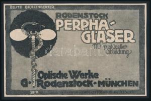 cca 1915 Vegyes reklám tétel, 3 db: Rodenstock Perphagläser, NG-Menisken, Müllner pezsgő reklám, német nyelvű reklámok, kartonra kasírozva, 15x22 cm és 12x18 cm közötti méretben.
