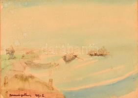 Boromisza Tibor (1880-1960): Vízparti fények, 1923. Akvarell, tus papír, jelezve balra lent. Kartonra kasírozva. 21,5×30 cm / Tibor Boromisza (1880-1960): Lights at the waterside. Watercolour and ink on paper, signed. Glued on cardboard. 21,5×30 cm