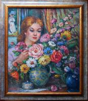 Szarka Péter (1964-): Virágöntöző lány, olaj, vászon, szignált keretben 60x70cm