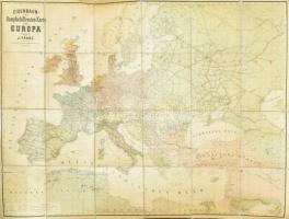 cca 1880-1890 Európa vasúti és gőzhajózási térképe (Eisenbahn und Dampfschiffroutenkarte von Europa, bearbeitet von J. Franz). 1:3000000, 135×178 cm. Vászonra kasírozva, egy kb. 18 cm hosszú szakadással, szélén kisebb sérülésekkel, hiányokkal.