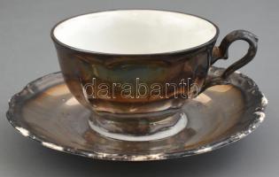 Ezüst mázas porcelán mokkás és teáskészlet hiányosan. Kopással, egy fedő sérült, hiányos, jelzés nél...