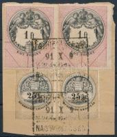 1887 2x1Ft (a típus) betüvízjellel + 2x25kr. Időn túli felhasználás a bélyget 1891 szept 30.-al kivonták a forgalomból felhasználták 1891 10. 9-én