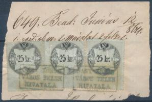 1859-1863 3x25kr kékes papír a baloldali bélyeg 12:13 1/2 fogazással