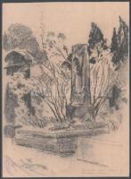 Udvary Pál (1900-1987): Hermin néni sírja Kerepesiben. Szén, papír, jelzett, 32×23,5 cm