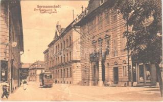 1911 Nagyszeben, Hermannstadt, Sibiu; Sporergasse / utca, villamos, üzlet, pezsgő reklám / street, tram, shop, champagne advertisement