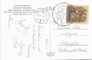 1938 Kassa, Kosice; bevonulás, díszkapu, magyar zászlók, Horthy Miklós és Purgly / entry of the Hung...