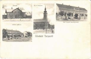 Varjas, Varias; vasútállomás, Római katolikus templom, Schnur szálloda, Első varjasi takarékpénztár. Gillich J. kiadása / railway station, hotel, church, savings bank