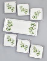 Hollóházi virágmintás porcelán süteményes készlet, 6+1 tál, matricás, jelzett, egyik tányéron kis lepattanással