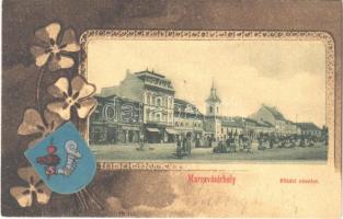 1902 Marosvásárhely, Targu Mures; Fő tér, piac, Petrás Géza és Hart Géza üzlete. Holbach Ede / main square, market, shops. Art Nouvea, flora, coat of arms, litho