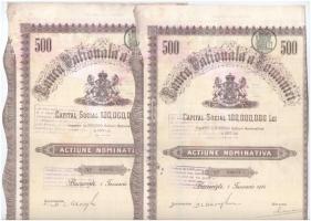 Románia 1926. Román Nemzeti Bank részvénye 500L-ről (2x) sorszámkövetők, egyik szelvényekkel, felülbélyegzésekkel T:III Romania 1926. National Bank of Romania share about 500 Lei (2x) with sequential serials, with coupons and stamps C:F