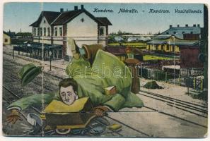 Komárom, Komárnó; vasútállomás. Humoros montázs leporello / Nadrazie / railway station. Humorous montage leporello