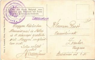 Belgrád, A város látképe az első világháborúban a Dunai rakpartról, épületek és a koronázó templom t...