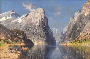Adelsteen Normann (1848-1918): Norvég fjord. Olaj, vászon. Jelzett. Fa keretben. 48x72 cm / Adelsteen Normann (1848-1918): Norwegian fjord. Oil on canvas. Signed. Framed. 48x72 cm