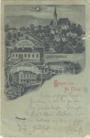 1900 Sankt Ulrich bei Steyr, J. Garbs Restauration, J. Mayrs Gasthaus, Volksschule / restaurant, school, hotel. Art Nouveau, floral (tear)