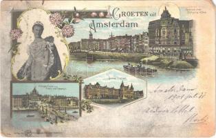 1901 Amsterdam, Damrak met Victoria Hotel, Central Station, Hooge Sluis met Palais voor Volksvlyt. Art Nouveau, floral, litho (EM)